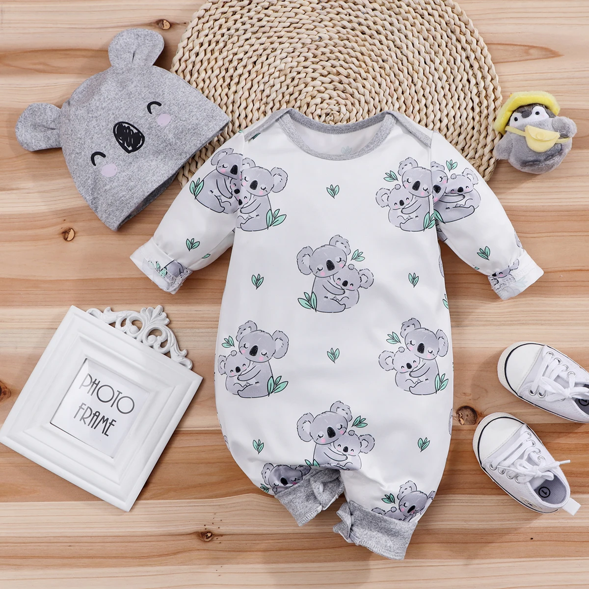 2pcs IURNXB Adorable Koala Baby Long-Sleeve Romper with Hat Infant Outfits Boys Girls Kids Outdoor Clothes Set Spring/Fall 1-18M