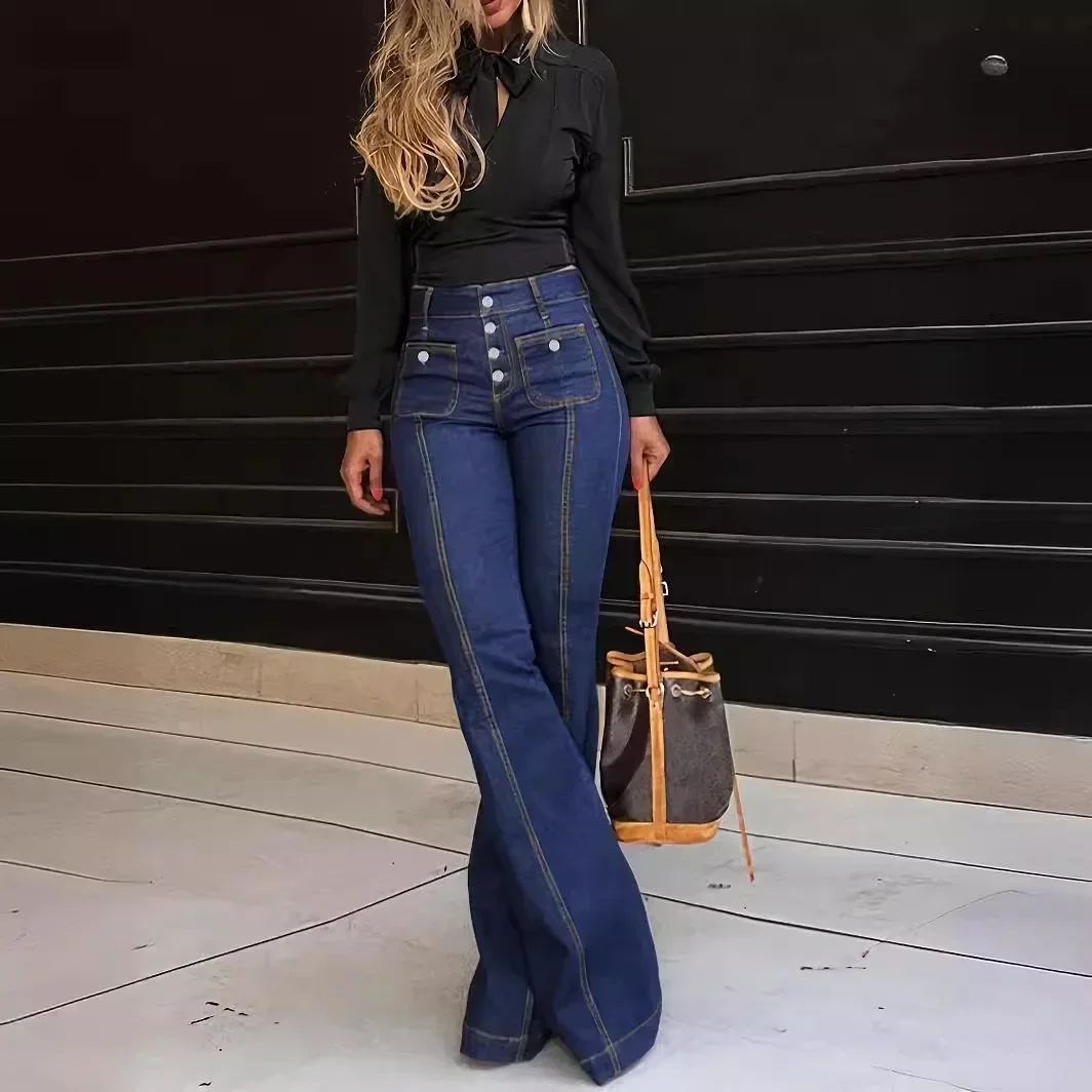 Women Jeans Flare Pants High Waist Streetwear Pockets Buttons Trousers 2025 Autumn Female Casual Stretch Denim Floor Length