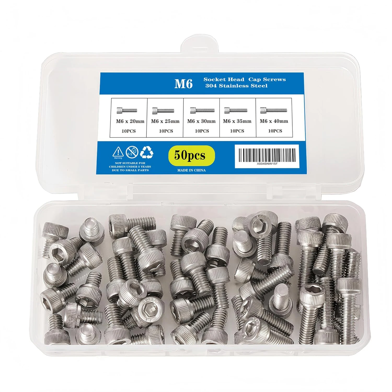 

50 pieces of M6-1.0 type internal hexagonal head screws - 20/25/30/35/40 mm length set, stainless steel (A2-70), full thread