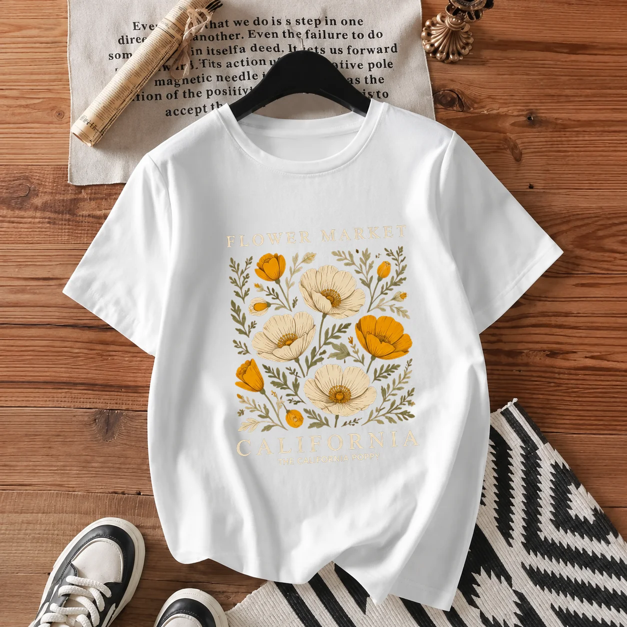 Y2K Sweet French Vacation Vintage Flower Market Orange Poppy Wildflowers Floral Print Oversized Cream 100% Cotton Summer T Shirt