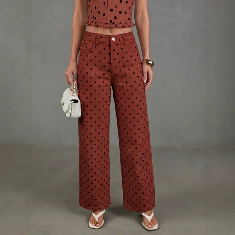 Retro Polka Dot Straight Leg Jeans High Waist Washed Wide Leg Denim Pants for Women 2026 New Fashion