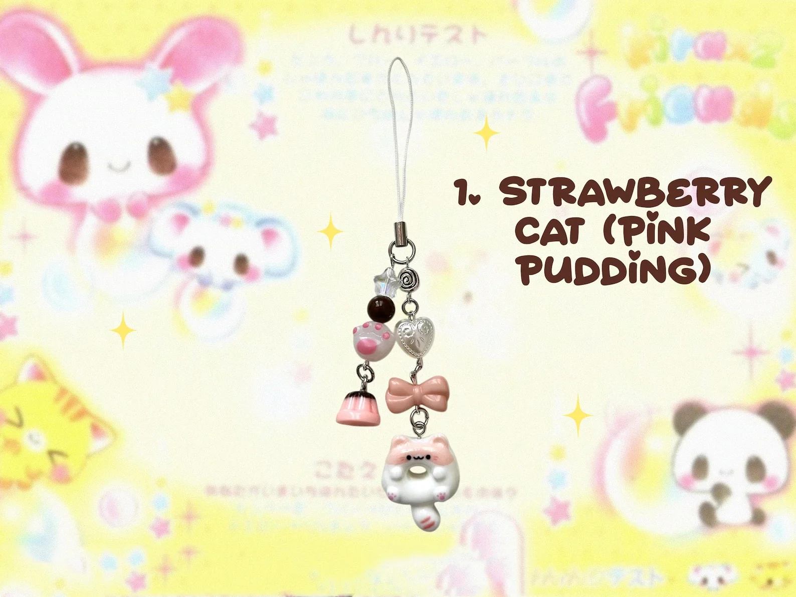 Cute Cat Pudding Dessert Themed Beaded Phone charms, Kawaii Kitty Bag Keychain, flan, purin, Star Bow Key ring, small gifts