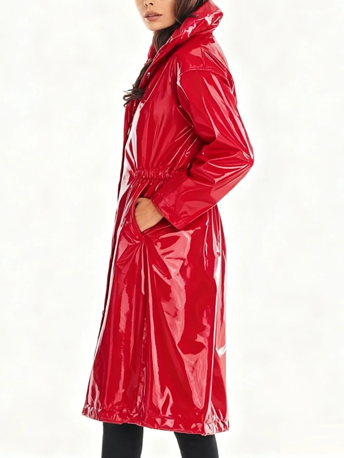 Adults Womens Long Trench Coat Blazer Clubwear Wet Look PU Leather Notched Lapel Open Front Long Sleeve Jacket PVC Costume view 2