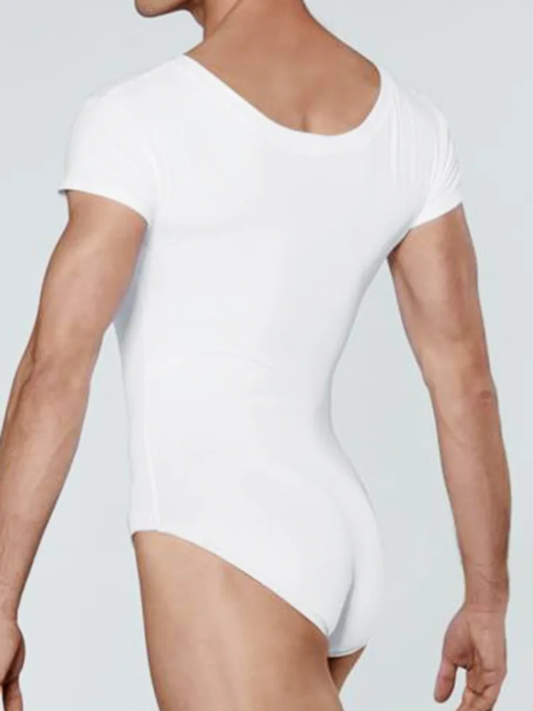 ชุดรอมเปอร์แขนสั้นคอวีสีทึบของผู้ชายสําหรับการเต้นรําบัลเล่ต์ การแสดงบนเวที ชุดบอดี้สูทฝึกซ้อม