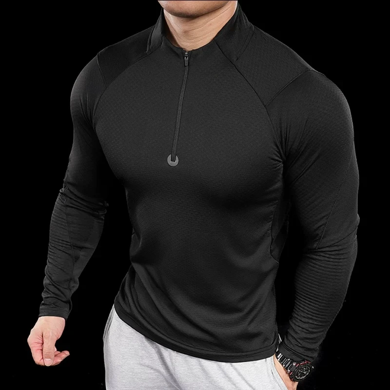 Winter Men Gym Fitness Skinny Velvet T-shirt Men breathable Long sleeve Zippered stand collar Shirt Running Bodybuilding