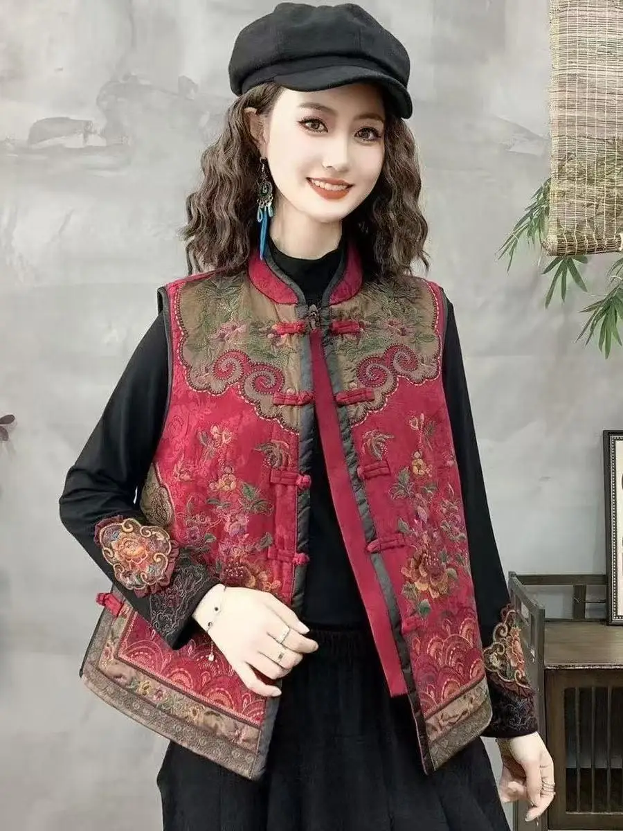 

Летний этнический жилет с вышивкой на пуговицах, верхняя одежда, топ большого размера, женский жилет в стиле ретро с воротником-стойкой