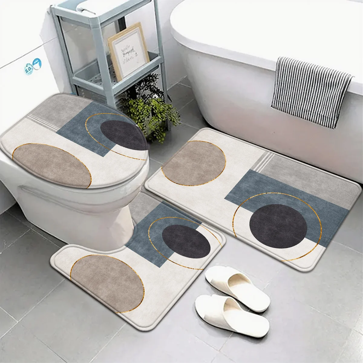 3‑Pieces Round Color‑Block Geometric Bathroom Mat Set, Decor Rug Kit With Toilet Lid Cover & U‑Shaped Mat, Modern