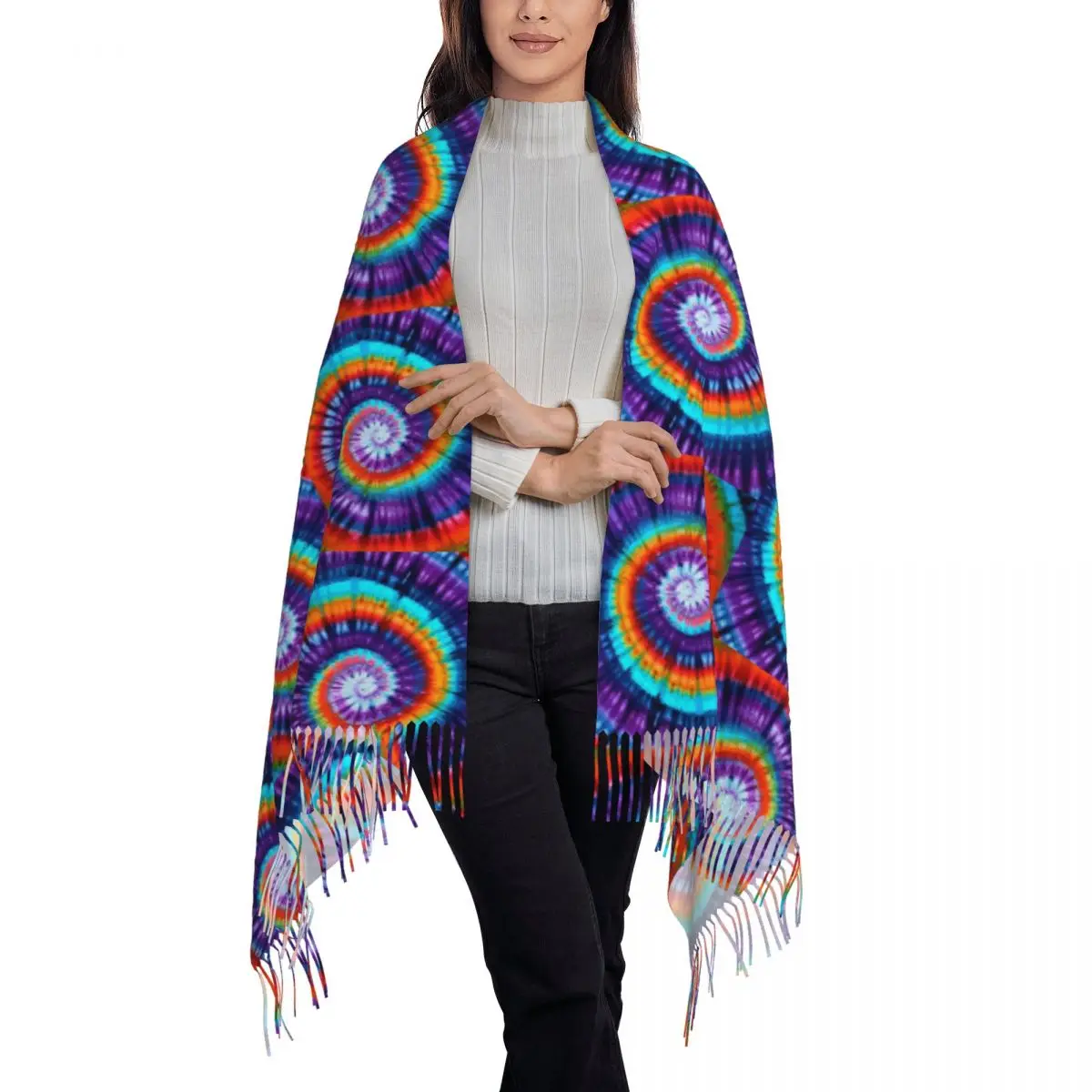 Classic Rainbow Spiral Tie Dye Scarf Tassel Scarves Women Soft Warm Shawls and Wraps Long Fall Winter Shawl Wrap