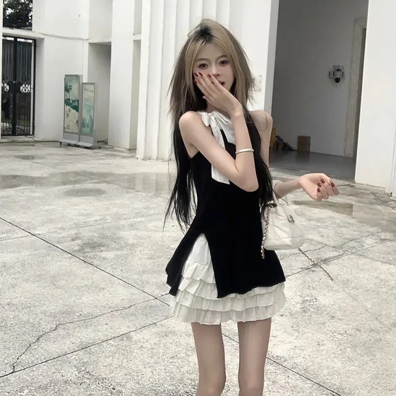 

2024 Hot Sweet Girls New Summer Two Piece Skirt Sets Bow Tie O Neck Sleeveless Vest Tops + High Waist A Line Mini Skirt Outfits