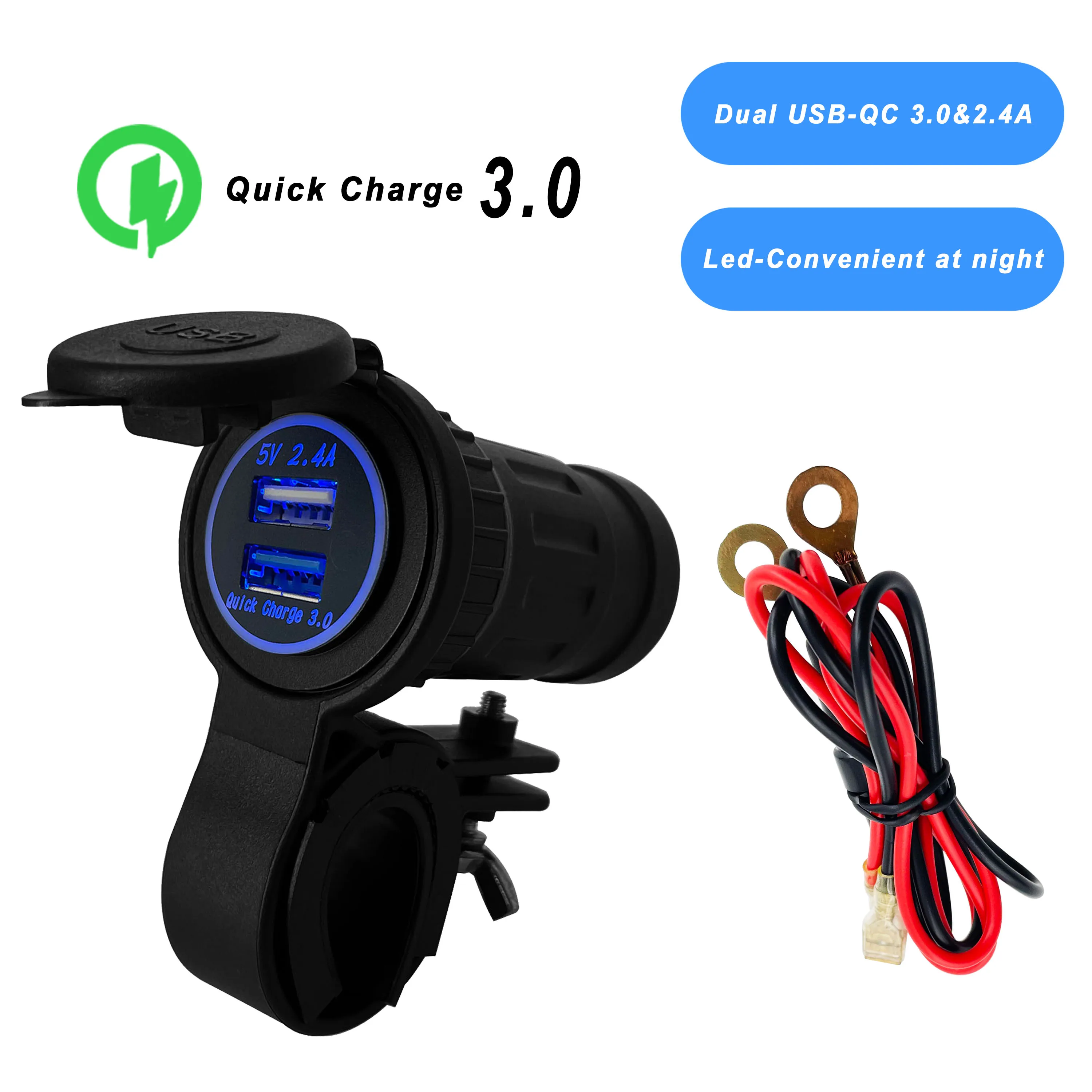 

12V Handlebar Dual USB QC 3.0 Cigarette Lighter Power Charger Plug Adapter Socket for ATV Motorcyle Bike Waterproof