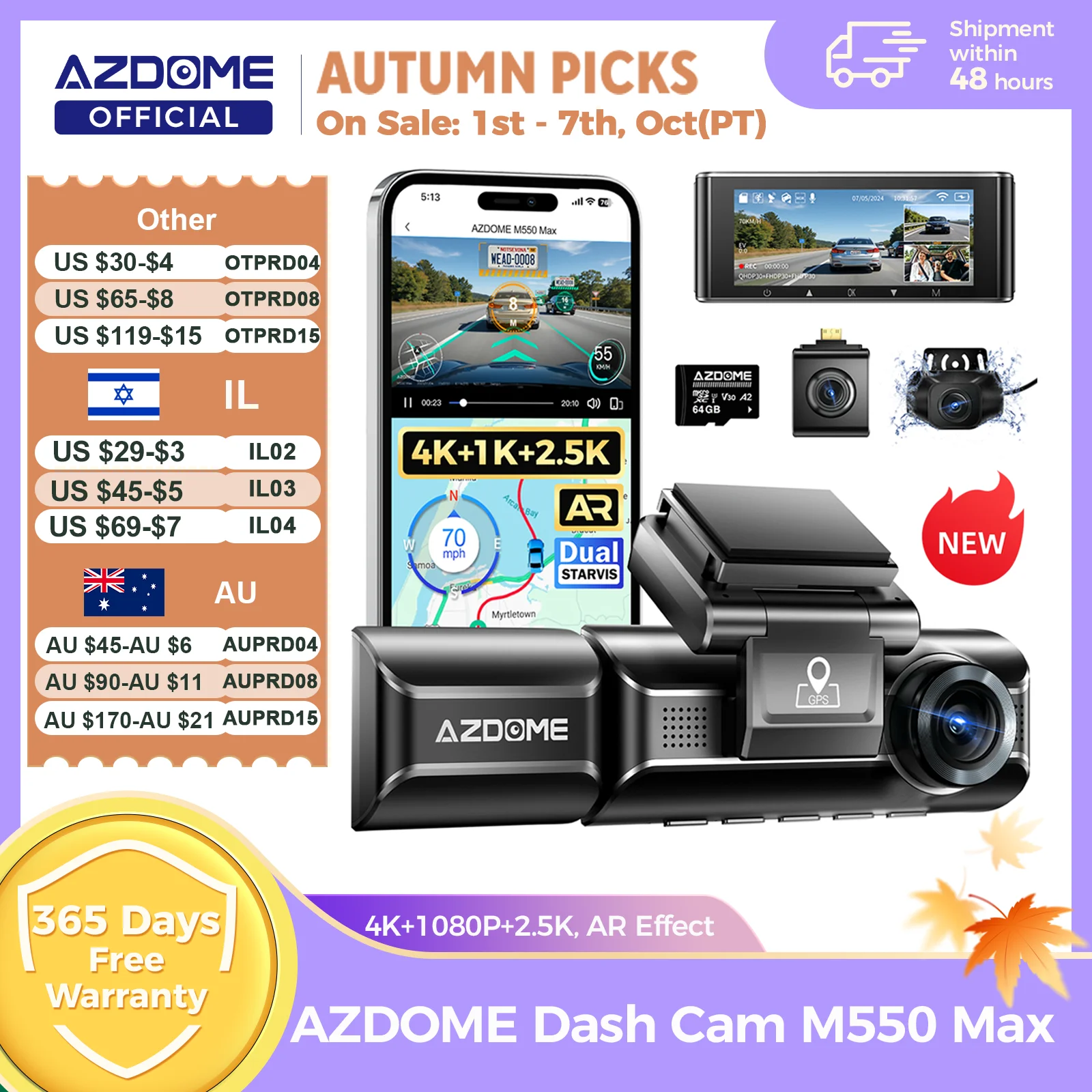 AZDOME M550 Max Dash Cam 4K+1K+2.5K Built-in GPS WiFi 150FOV Car Camera 24H Parking Monitor Night Vision Dash Cam For Cars