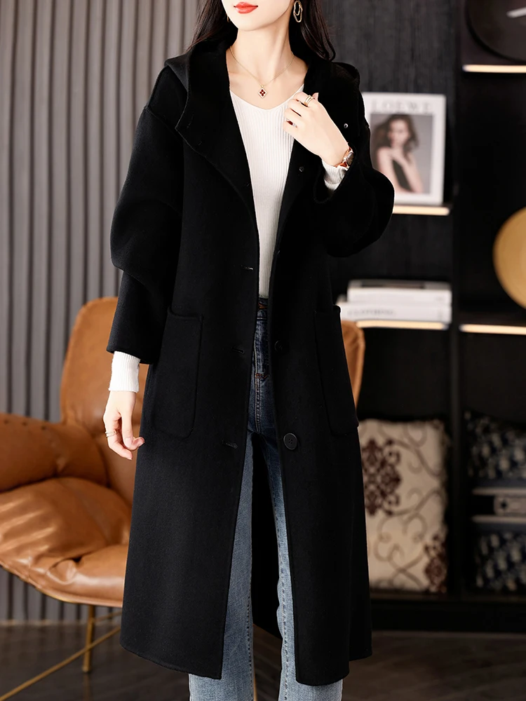 High Quality Pure Wool Coat Women Hoodie Autumn Winter Thick Warm 100% Wool Long Outerwear Trendy Styli Woolen Sweater Cardigan - Image 4