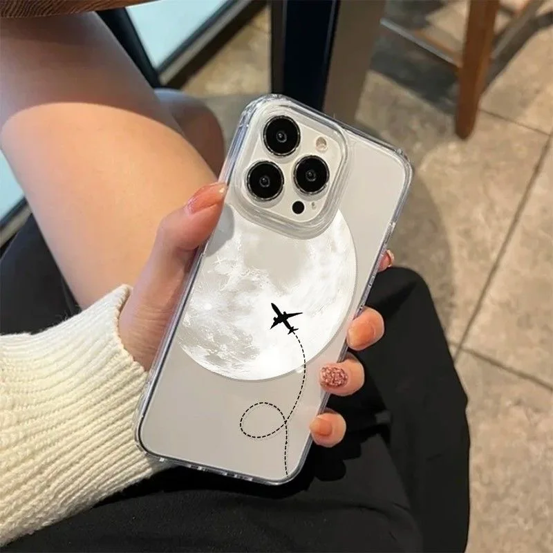 Funda Moon Plane para iPhone 17 Pro Max, iPhone 11, 15, 12, 16, 14 Pro Max, 16 Plus, 13 Pro Max, Estética Romántica