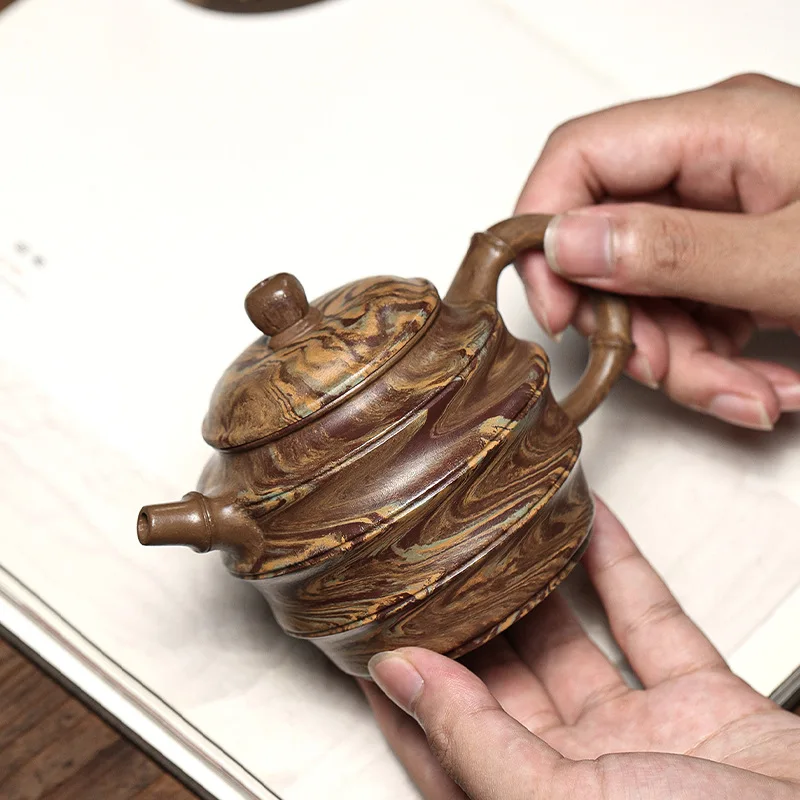 Handmade Twisted Clay Pot Yixing Famous Ore Purple Sand Round Bamboo Teapot Set 300cc
