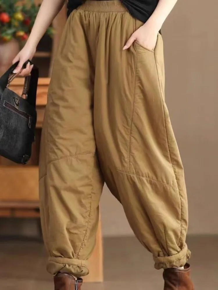 Pantalon en coton grande taille pour femme, vêtement d'extérieur Long Harlan, décontracté, chaud, taille haute, hiver 2024