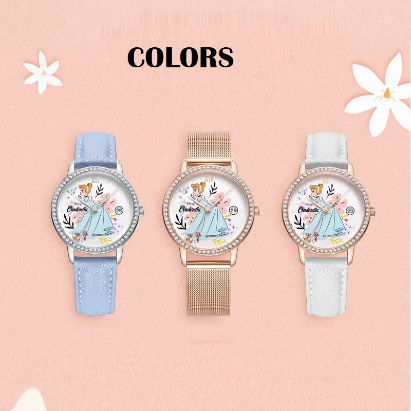 Disney Cinderella Women Bling Crystone Casual Young Lady Quartz Wristwatch Date Female Princess Cartoon Pretty Relogio Feminino