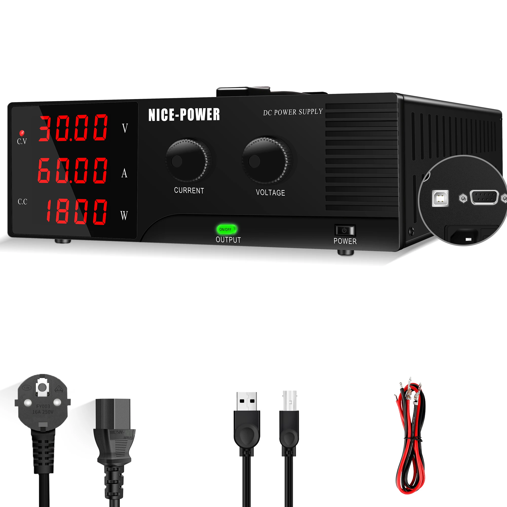 High Power Bench Power Supply 30V60A DC Lab Adjustable Regulated power supply With Output Switch RS232 Software Control 100V200V
