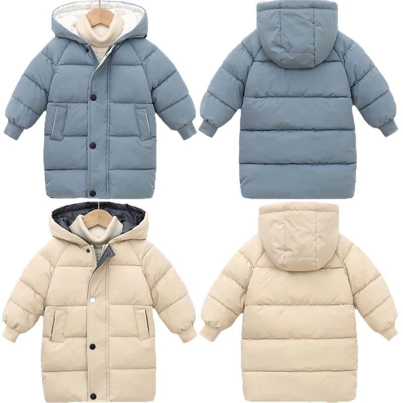 2 3 4 5 6 8 10 Years Girls Jacket Winter Long Style Solid Color Thick Keep Warm Hooded Outerwear For Boys Down Cotton Snowsuit