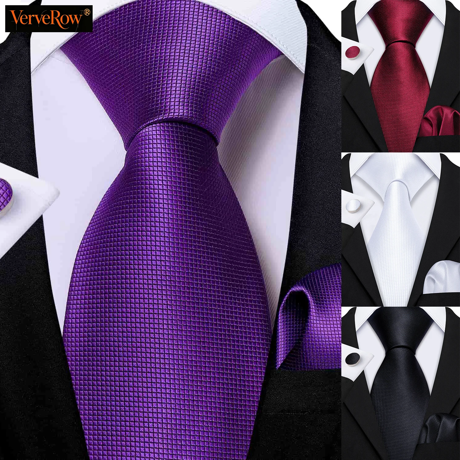 Solid Men Tie Set Woven Small Grid Necktie Pocket Square Cufflink Classic Plaid Formal Suit Accessory for Wedding Business Party