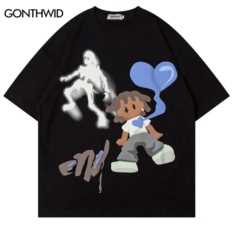 Men Streetwear Hip Hop Oversized T-Shirt Ghost Heart Funny Graphic T Shirt 2023 Harajuku Loose Tshirt Cotton Tops Tees Black