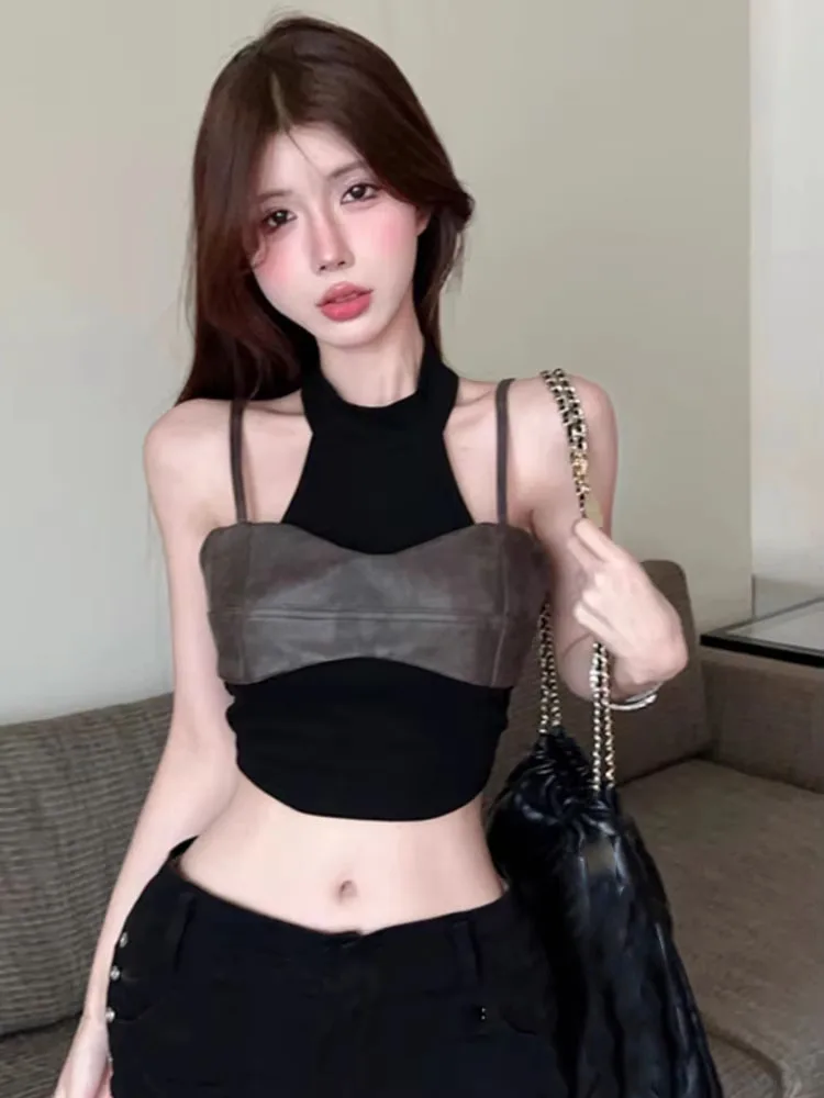 سترة صيفية مثيرة موديل 2025 مكونة من قطعتين سترة نسائية Y2k سترة جمالية مرقعة الجرونج هاراجوكو مقصوصة بقصة ضيقة ​ الدبابات