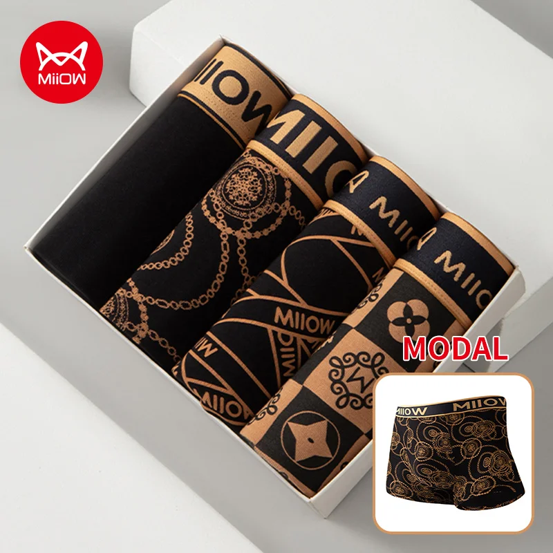 MiiOW 4Pcs Men\'s Underwear Modal Breathable Boxer Shorts Sexy Panties Man Underpants 5A Antibacterial Fashion Printed Men Boxers