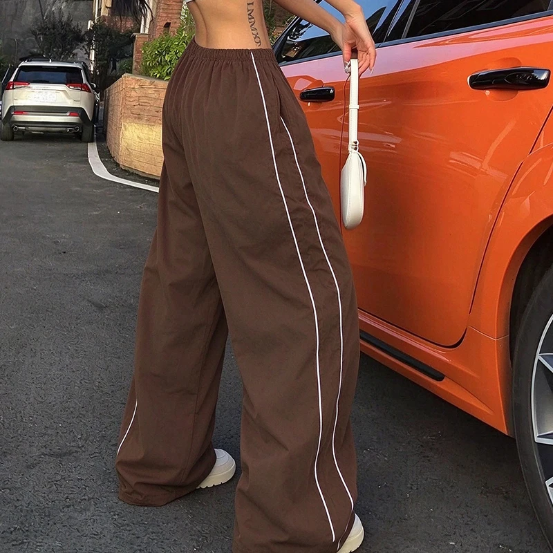 European and American retro solid color striped casual pants women loose drooping street wind slim sweatpants