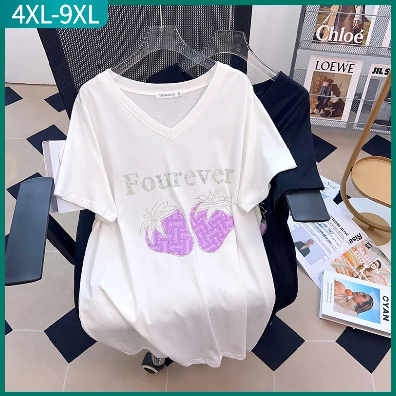 New 2023 Summer Plus Size Tops For Women Large Short Sleeve Loose Cotton White Black V-neck Long T-shirt 4XL 5XL 6XL 7XL 8XL 9XL