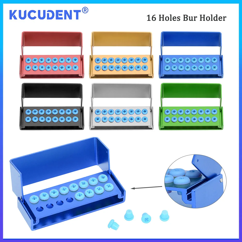 KUCUDENT 16 Holes Dental Aluminium Bur Holder With Silicone Cover Autoclavable Disinfection Case Block For High/Low Speed Burs