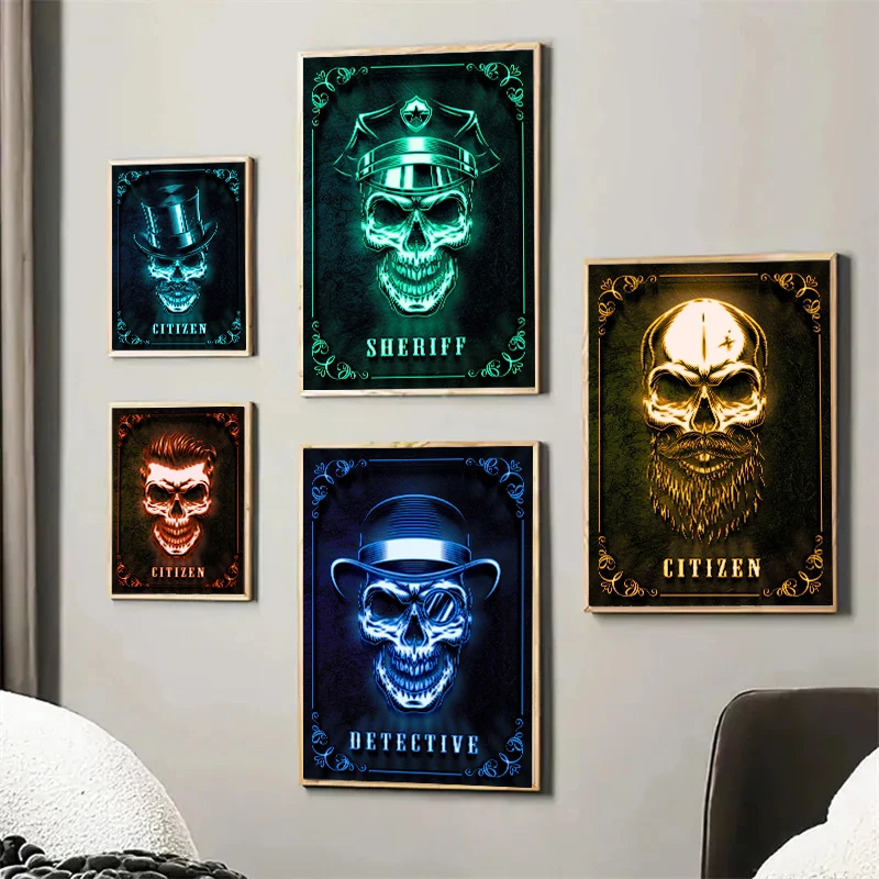 Neon Skulls SHERIFF MAFIA Posters and Prints, Profession Skull Card, Canvas Painting, Wall Art, Picture for Home, Living Room De