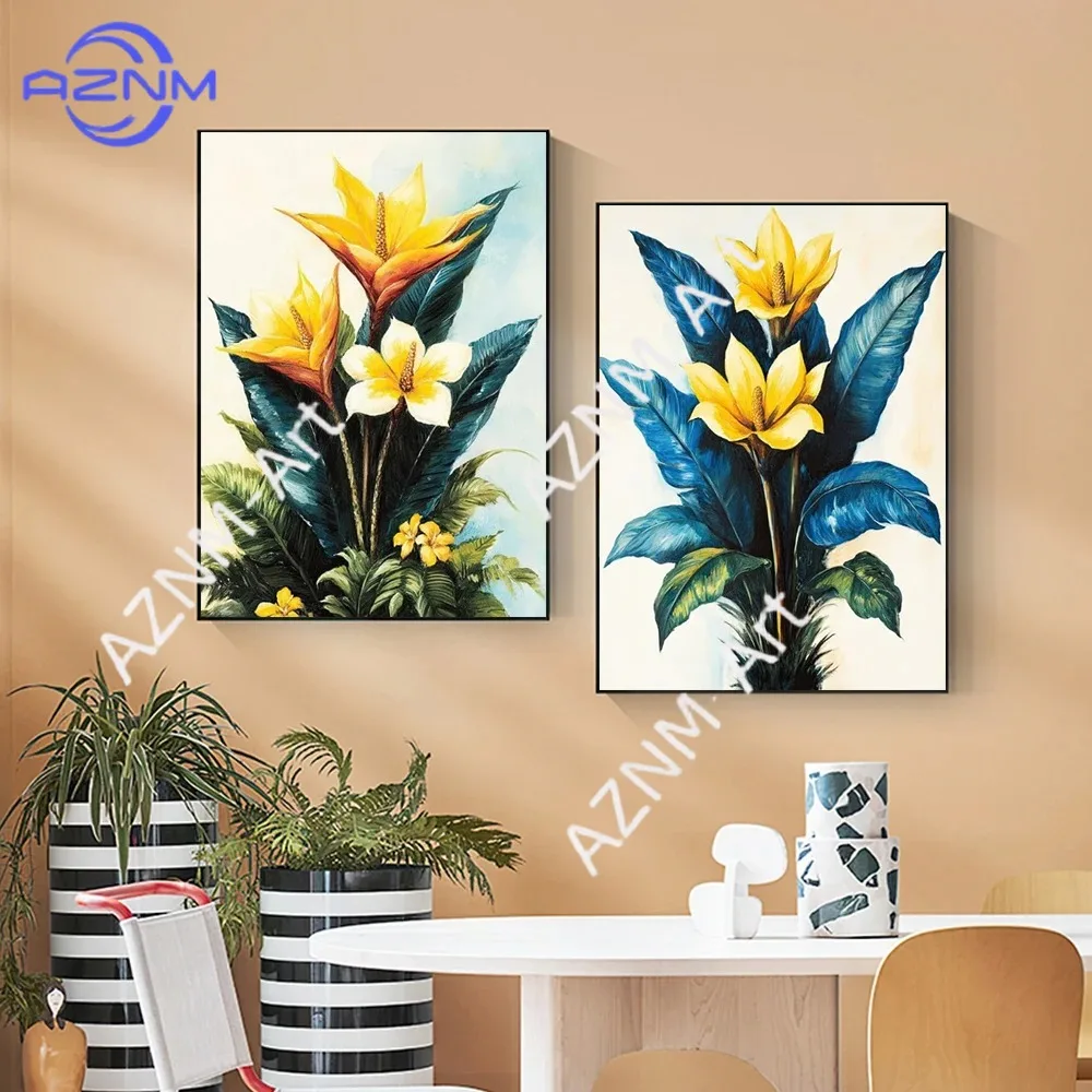Canvas Painting Tropical Plants Green Plants Golden Petals Aesthetic Posters Prints Modern Home Minimalist Style Art Wall Dec
