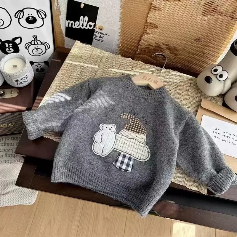 

Boys Sweater Wool Coat Kids Tops Knitting 2025 Scoop Spring Autumn Plus Thicken Cottons Pullover Teenagers Children's Clothing