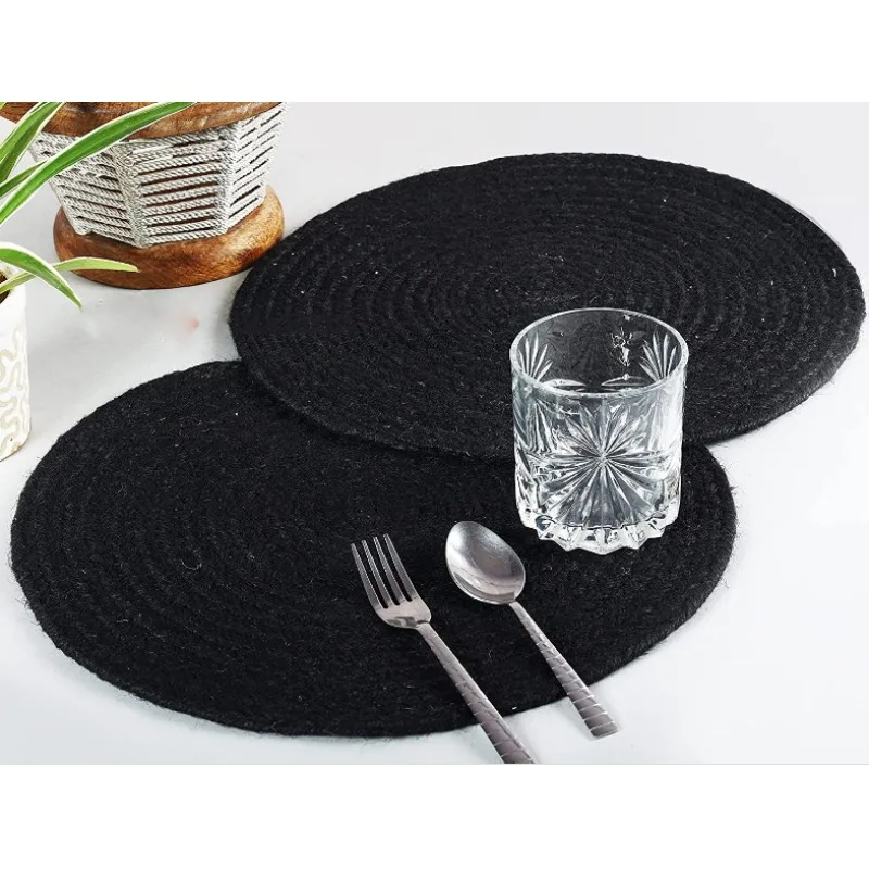 

2pcs Table Mat 100% Jute Black Round Coaster Braided Dining Tableware Placement