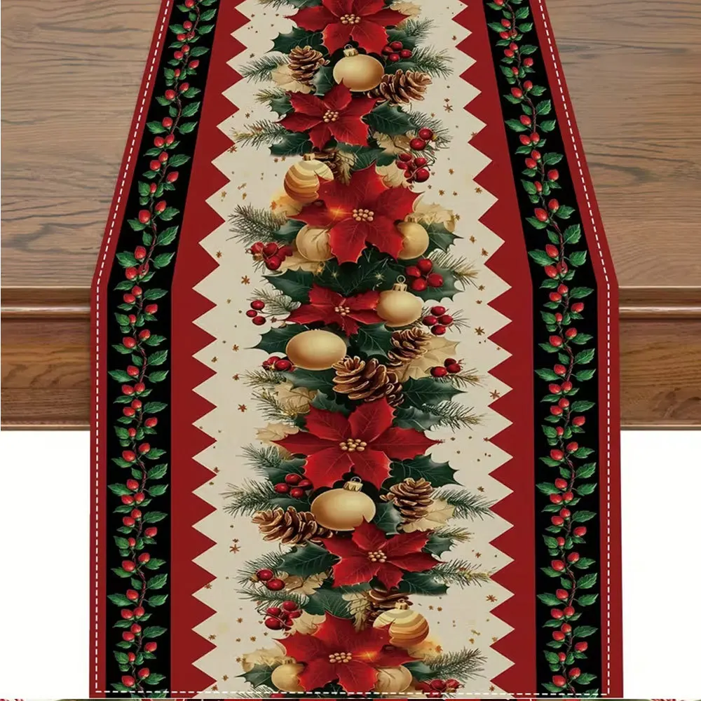 Linen Table Runner Off White with a Row of Christmas Gnomes Snowflake  Poinsettia Accents  Winter Table Decor