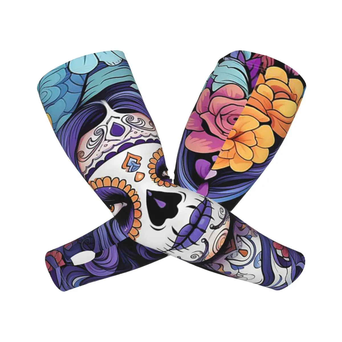 المكسيكي كاترينا فتاة يوم الموتى السكر الجمجمة في الهواء الطلق أكمام أذرع تبريد الشمس الأشعة فوق البنفسجية غطاء للحماية الجليد الحرير ركوب الدراجات أكمام الوشم #1