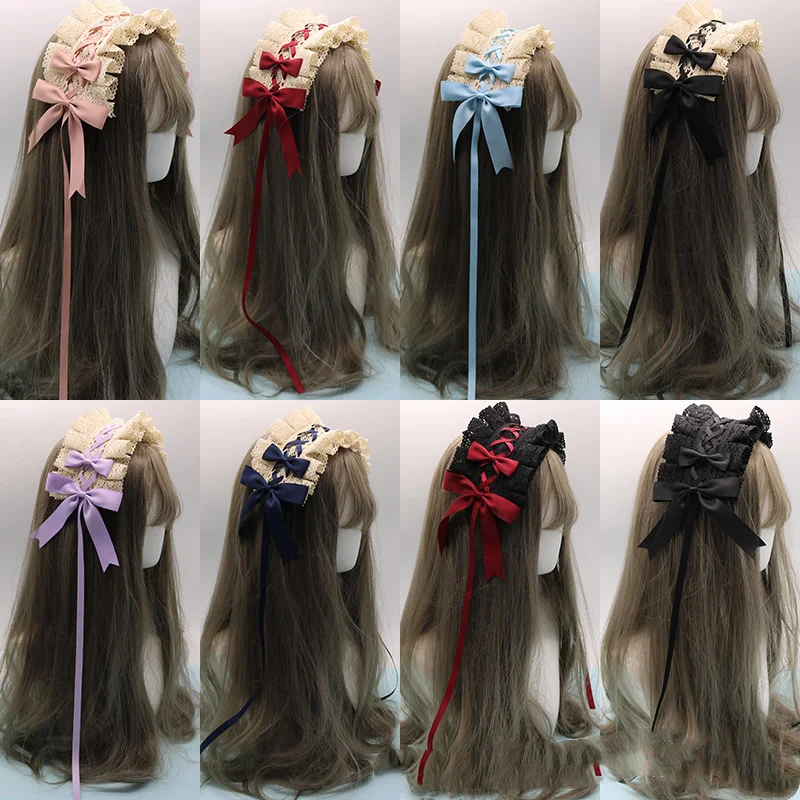 Urocza kokardka słodka Lolita koronkowa kwiatowa do włosów obręcz Anime pokojówka Cosplay opaska na głowę akcesoria ręcznie robione hurtowo