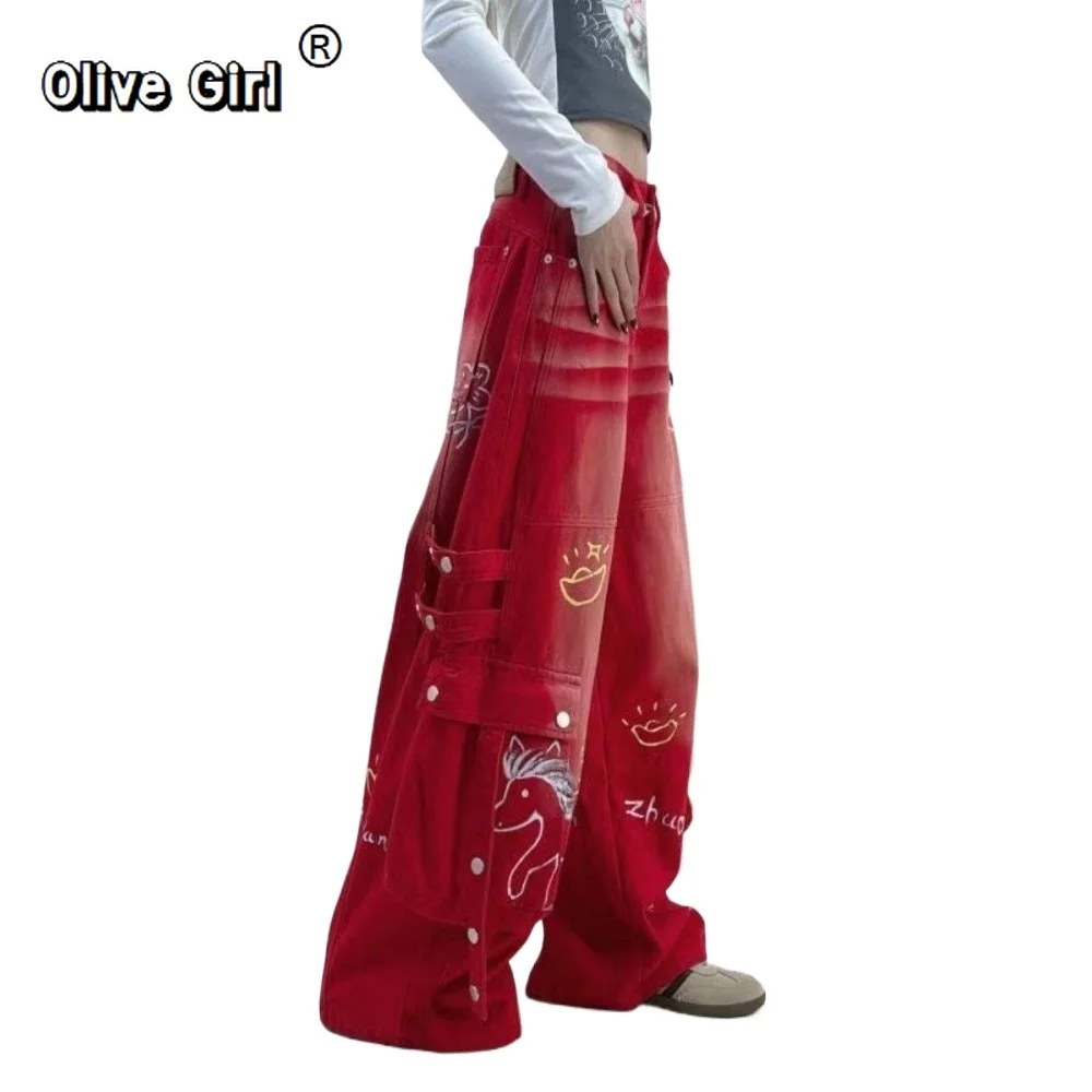 Olivegirl Women's Pants Red American Plus Size Jeans Denim Retro Red Hand-painted Horse Design Loose Workwear Wide Leg Trousers