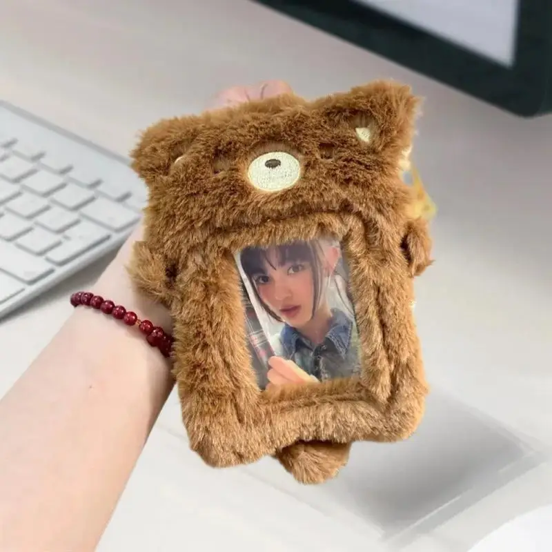 1PCS Cute Bear Plush Card Holder with Clear Window for Kpop Fans ID Badge Keychain Case Student Gift