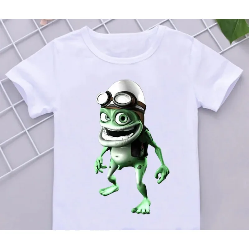 Camisetas divertidas con estampado de dibujos animados de Rana Loca para niños, ropa de Hip-Hop, camisa blanca de manga corta