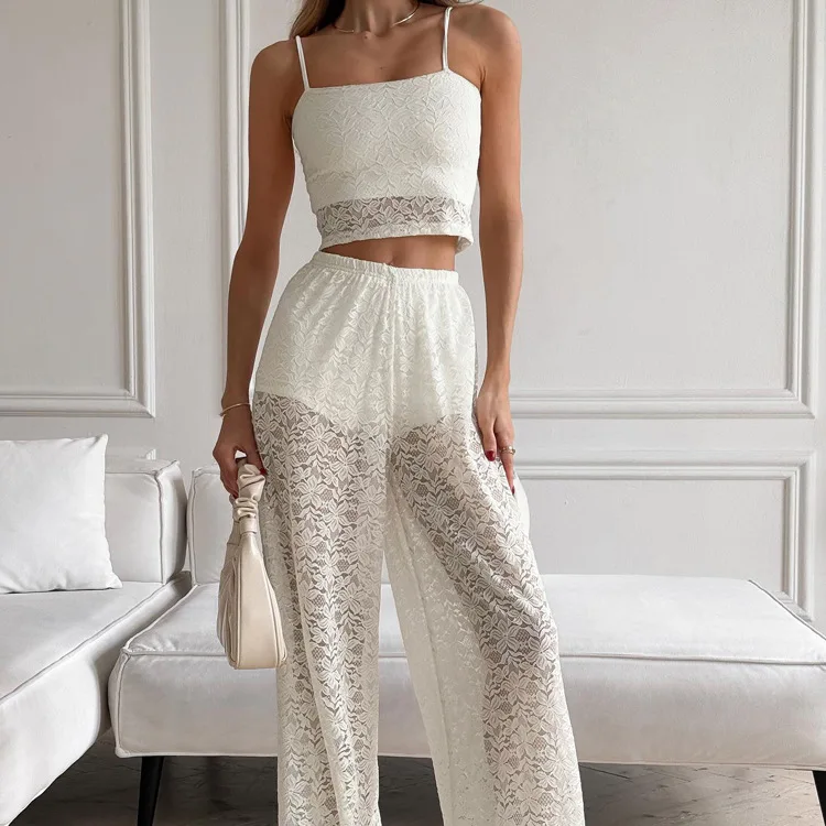

Lace 2 Pieces Set for Woman Elegant Spaghetti Strap Patchwork Slim Crop Tops and Straight Trousers Sets Женский Вязаный Костюм
