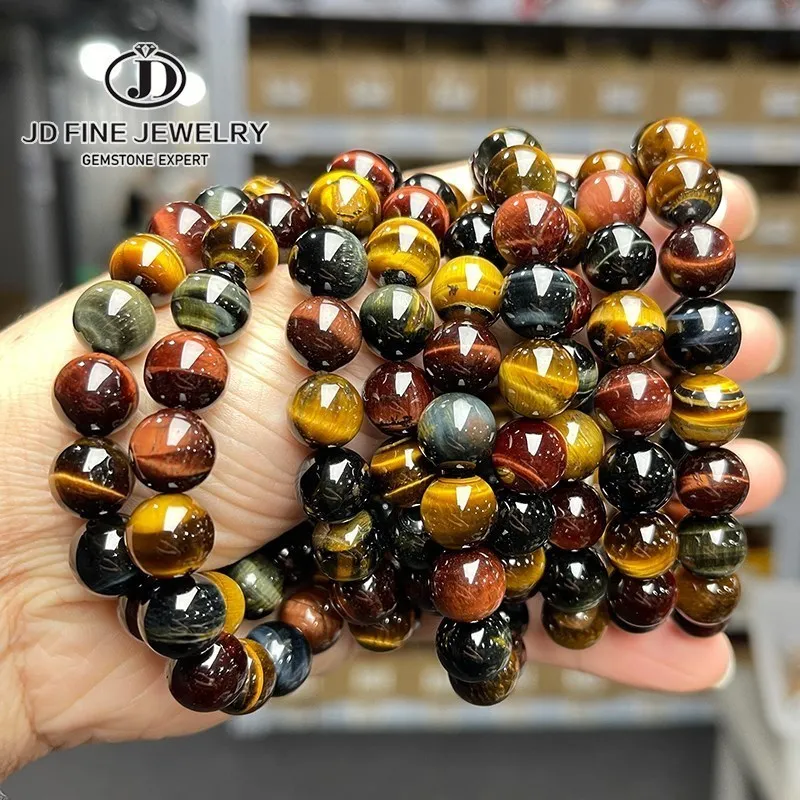 JD-Bracelets de perles rondes en œil de tigre tricolore pour femme, breloque classique, bijoux minimalistes, yoga, méditation, énergie, âme, document teint, bouddha