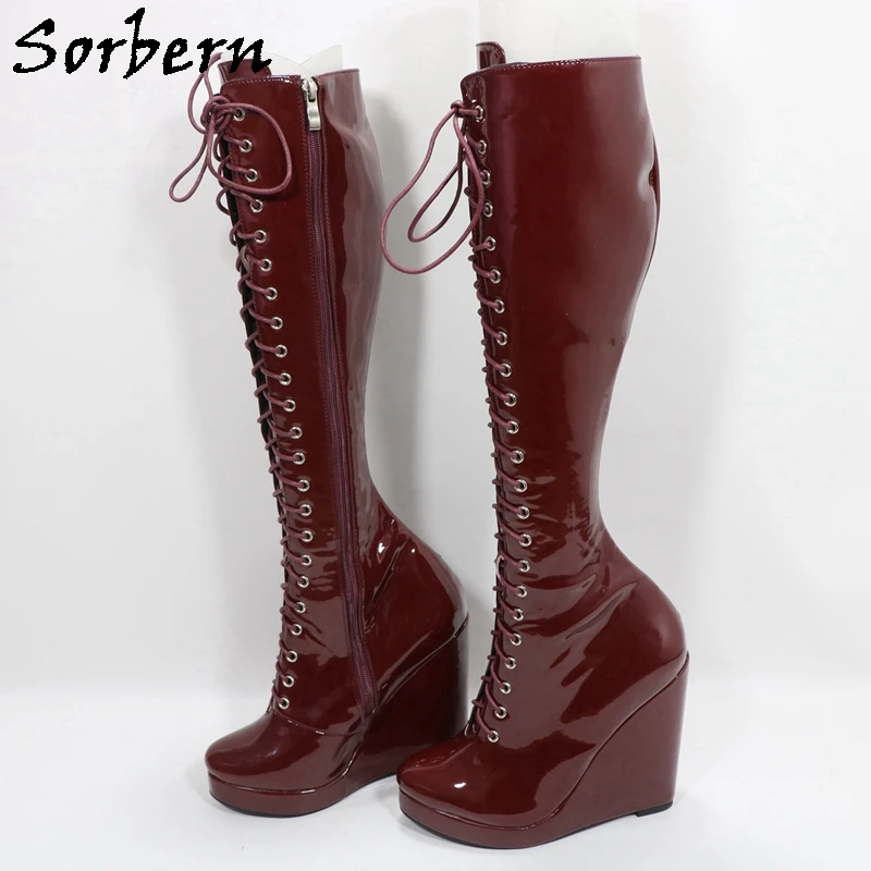 Sorbern Wine Red Glossy Boots Women Wedge Heels Round Toe Knee High Lace Up Custom Shaft Length Thin Legs Multi Colors