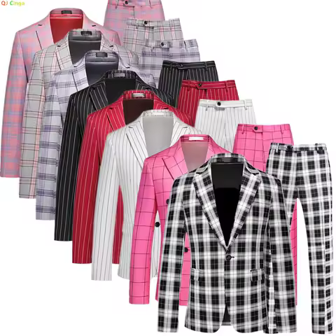 2026 New Black-White Grid Design Two-Piece Suit Set for Men - Striped Slim Fit Jacket with Matching Trousers Asian Size M-6XL