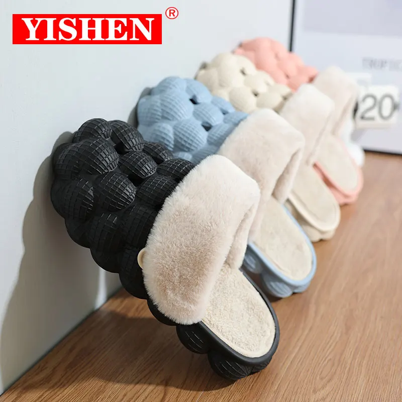 

YISHEN Unisex Winter Slides For Women Indoor Slippers Man Bubble Slides Massage Litchi Fashion Designer Warm Flecee Men Clogs