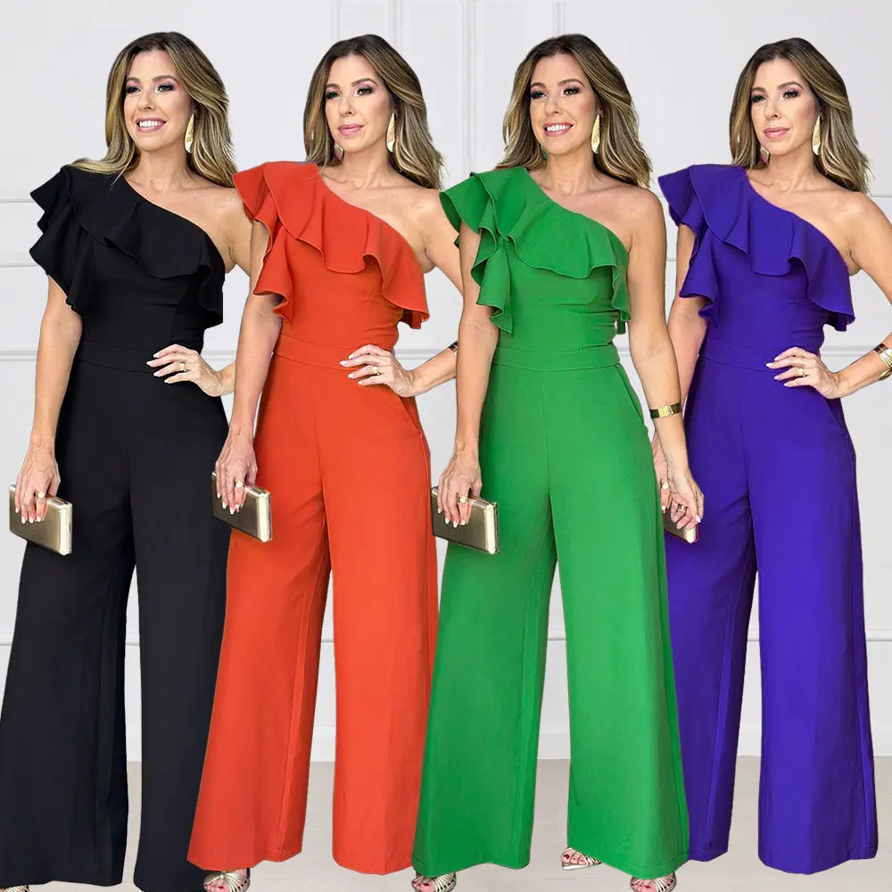Elegant High Waist Wide Leg Jumpsuit Single Shoulder Wooden Ear Design Women's Fashionable Casual Comfortable One-Piece Suit