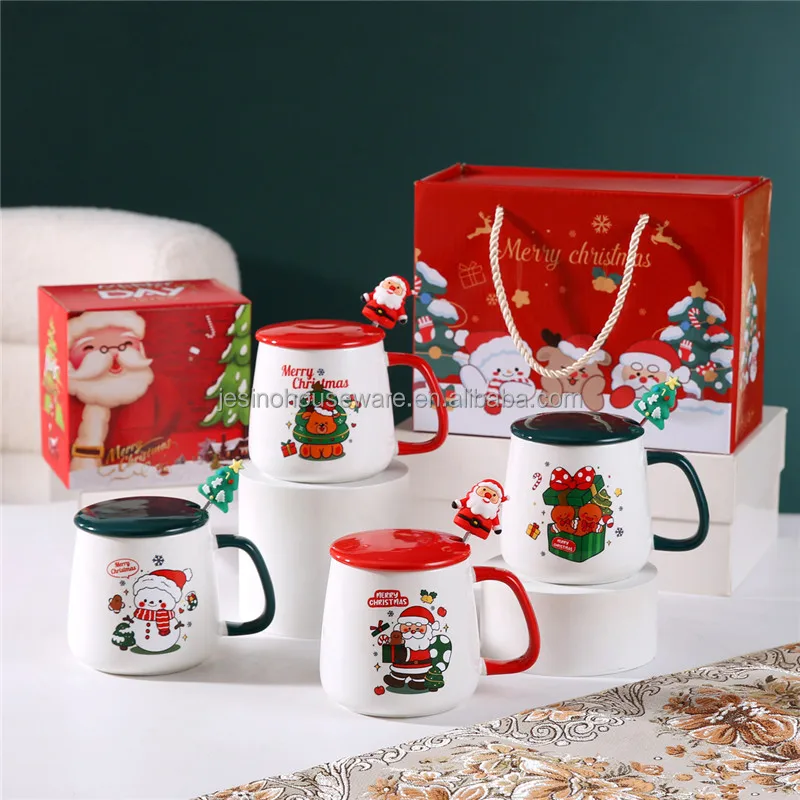 2025 New Arrivals Cute Christmas Tree Ceramic Coffee Mugs Porcelain Xmas Cup with Lid and Spoon  Christmas Gift Box for Kids