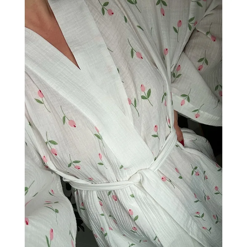 Women's Loungewear 2026 Long Sleeved Pure Cotton Silk Pajamas Tulip Print Autumn Winter Bathrobes Sweet Cute 2 Pieces L Size