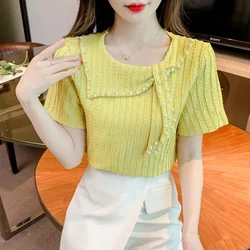 Sweet O-Neck Spliced Solid Color Lace Up Beading T-Shirts Women Clothing 2024 Summer New Loose Casual Tops Korean Tee Shirt