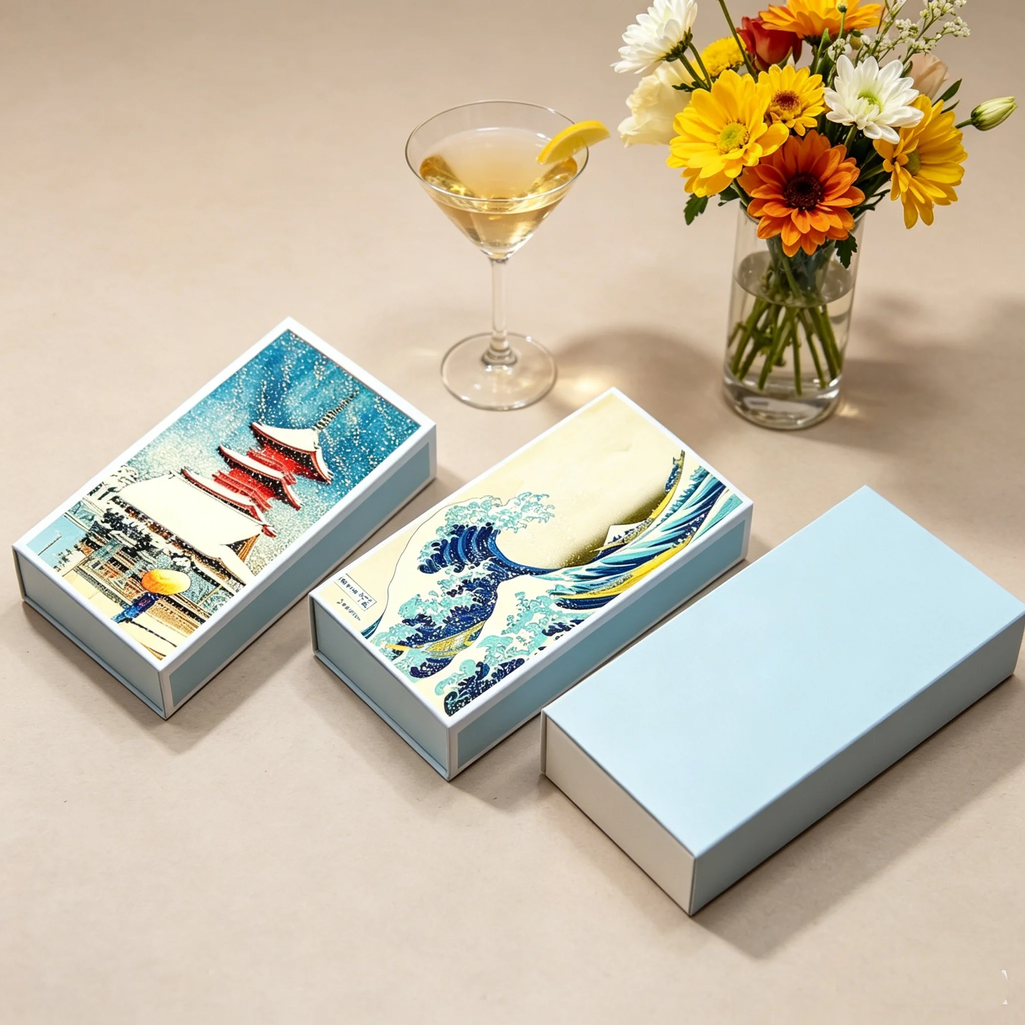 Japanese Art Matchbox Set, Ukiyo-e Wave Design, Large Match Boxes
