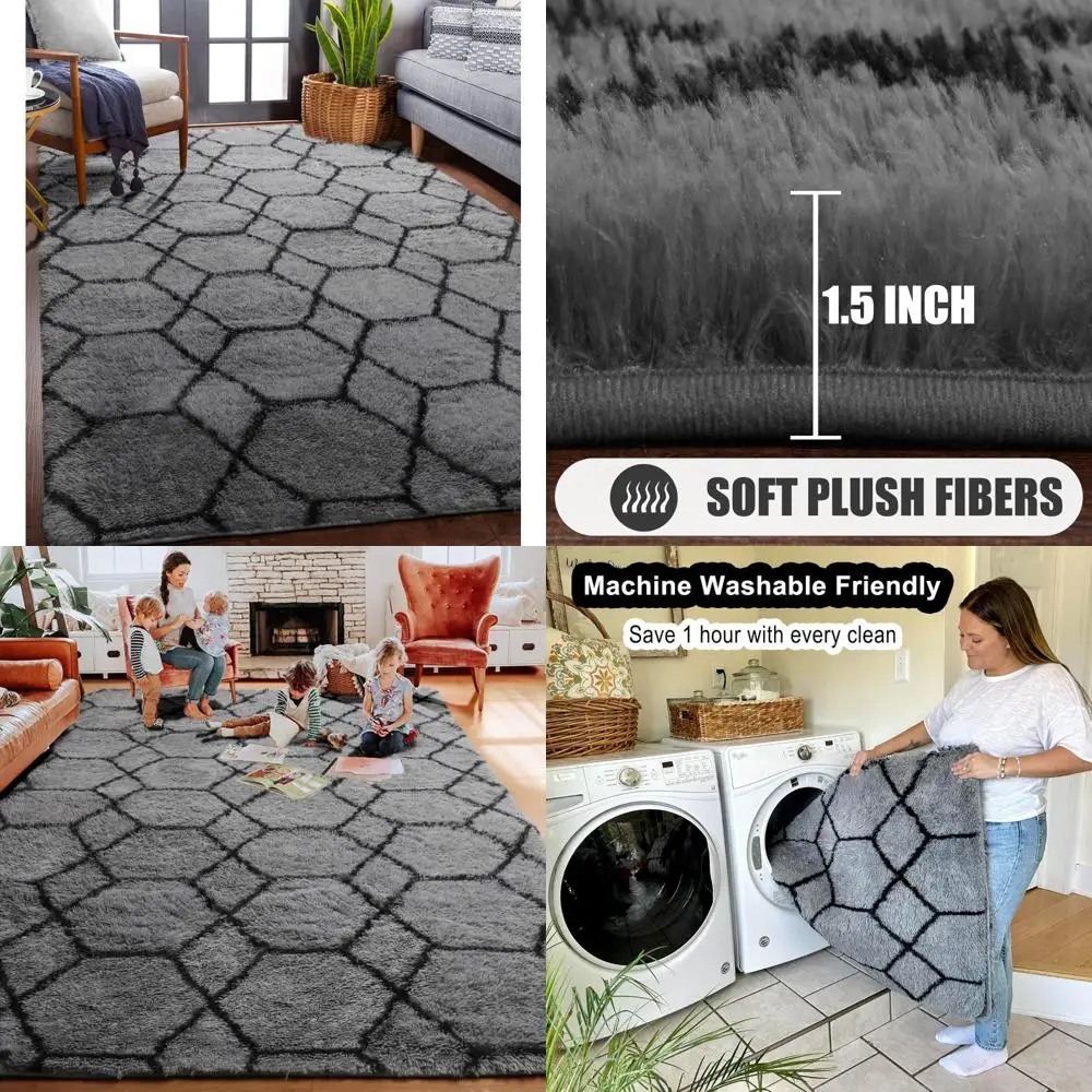 

onasar area rugs for bedroom living room, washable 4x6 fluffy grey and black rug, shaggy geometric floor mat for home decor aest